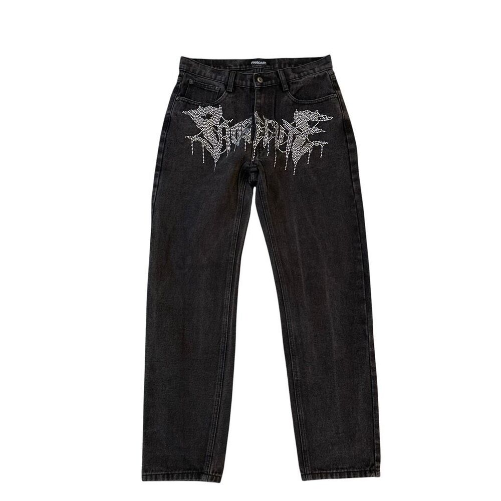 Prosecute Black Rhinestone Graphic Jeans Y2K Streetwear Baggy Denim size 30